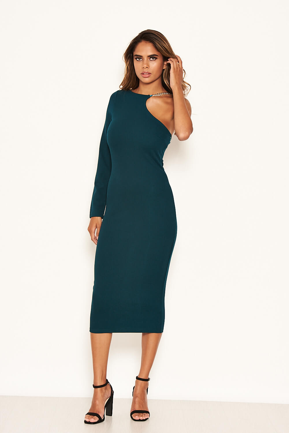 Kikodress - Teal One Shoulder Midi Dress With Chain Detail