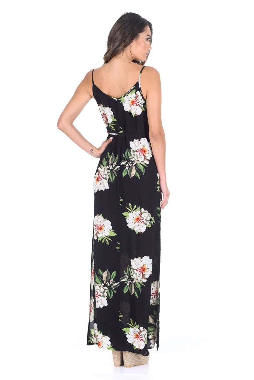 Kikodress - Black Floral Print Split Maxi Dress