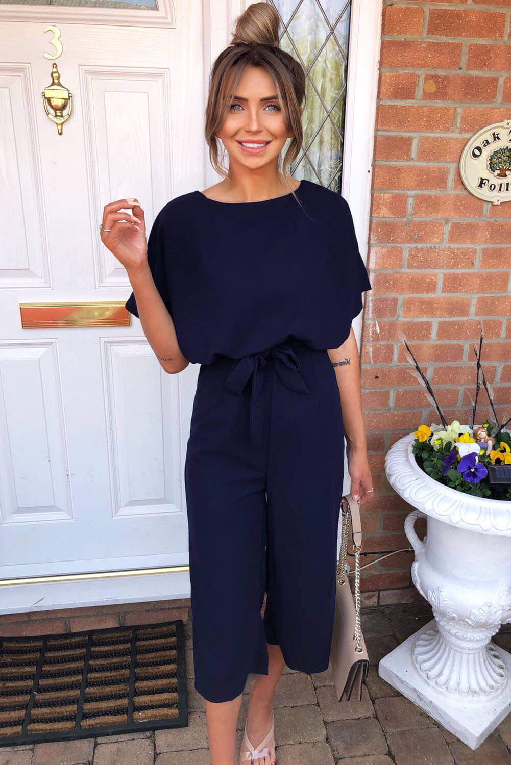 Kikodress - Navy Tie Waist Culotte Jumpsuit