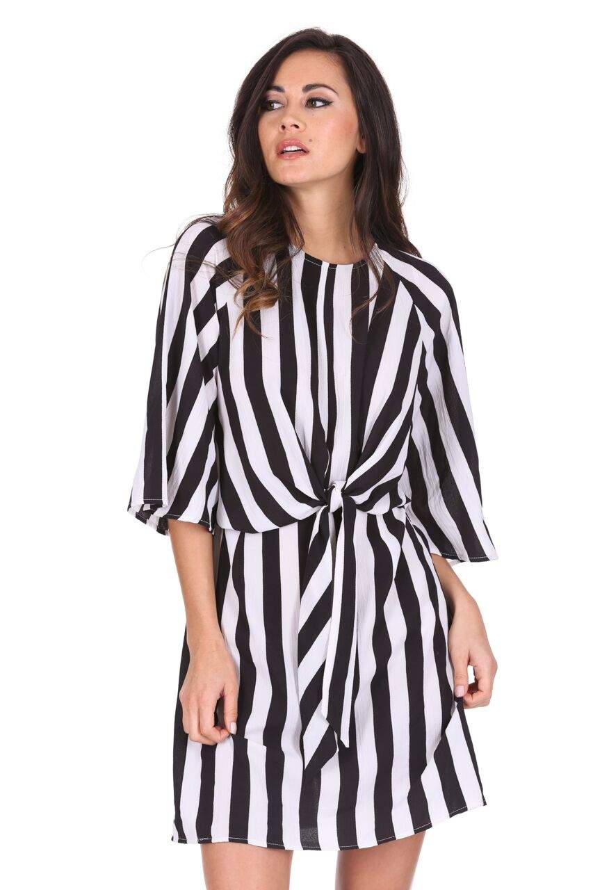 Kikodress - Black & White Striped Tie Waist Dress
