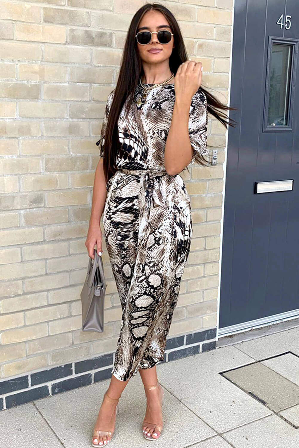 Kikodress - Snake Printed Culotte Jumpsuit With Tie Belt