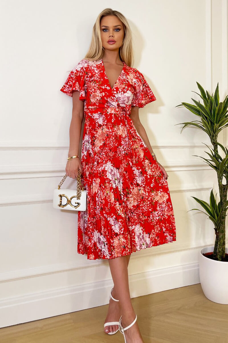 Kikodress - Red Floral Printed Pleated Midi Dress