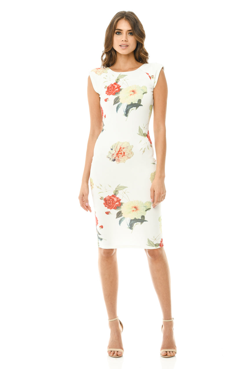 Kikodress - Capped Sleeve Cream Floral Midi Dress