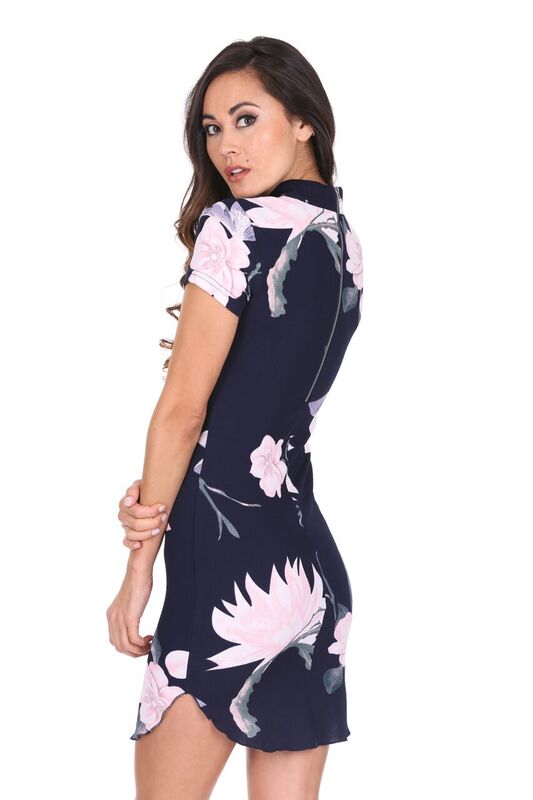 Kikodress - Navy Floral High Neck Mini Dress