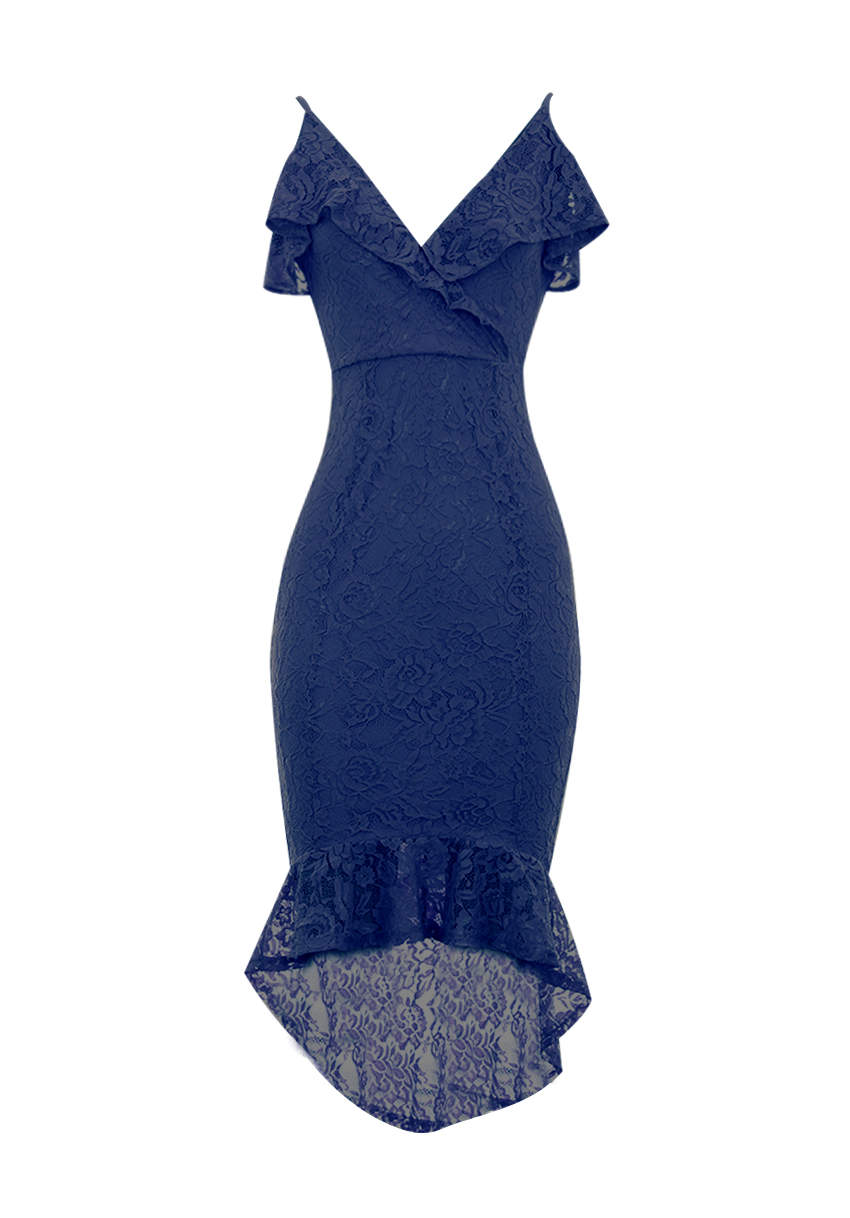 Kikodress - Navy Lace Fishtail Hem Bodycon Dress