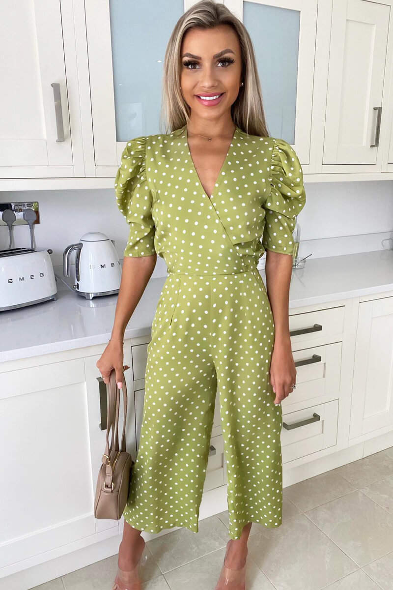 Kikodress - Olive Polka Dot Puff Sleeve Jumpsuit