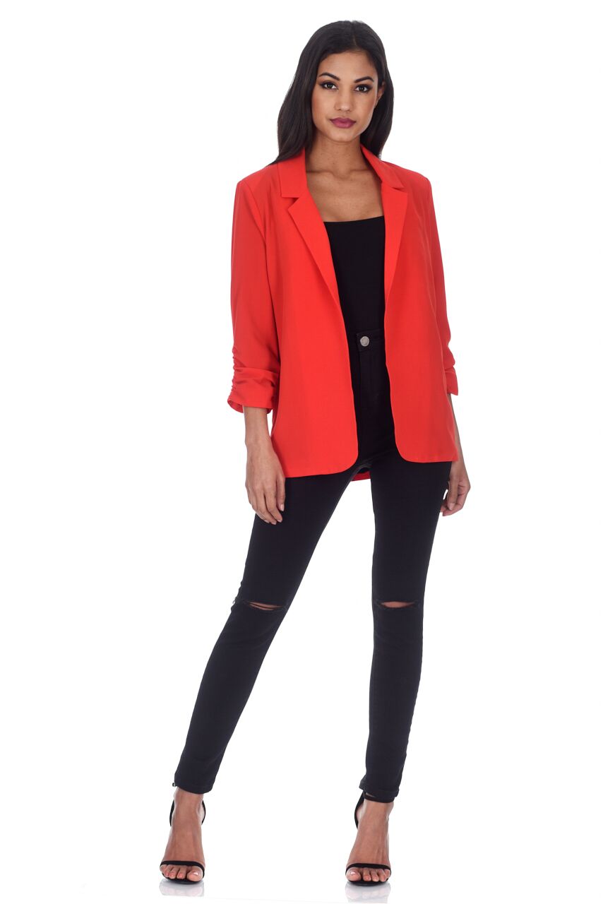 Kikodress - Red Blazer Jacket With Ruched Sleeves