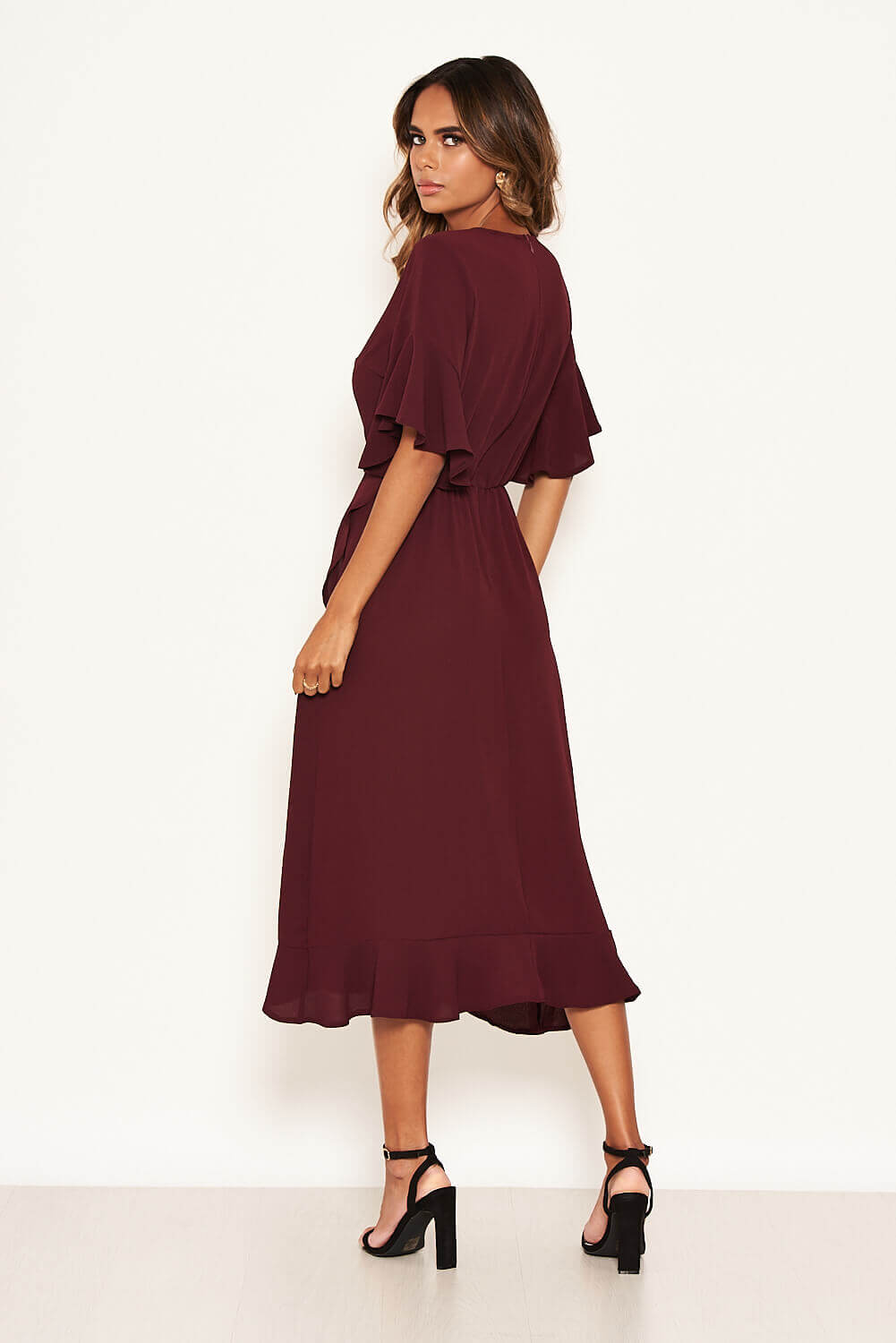 Kikodress - Plum Midi Dress With Frill Hem And Sleeves