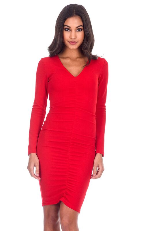 Kikodress - Red Sleeved Ruched Dress