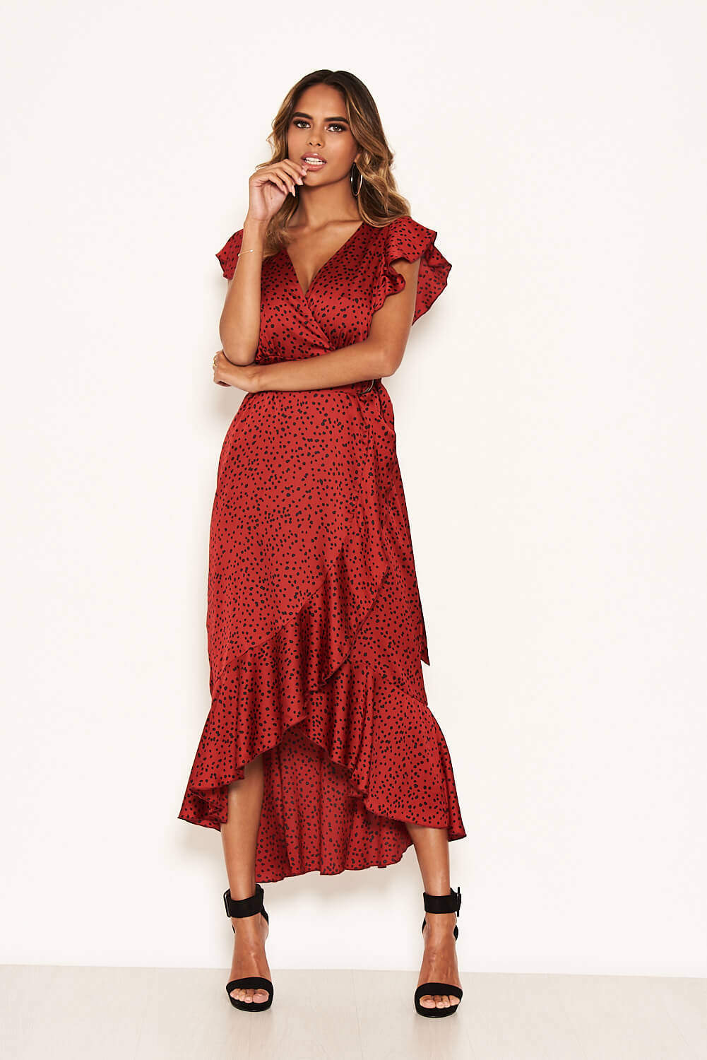 Kikodress - Red Spotty Frill Wrap Dress With D Ring Belt