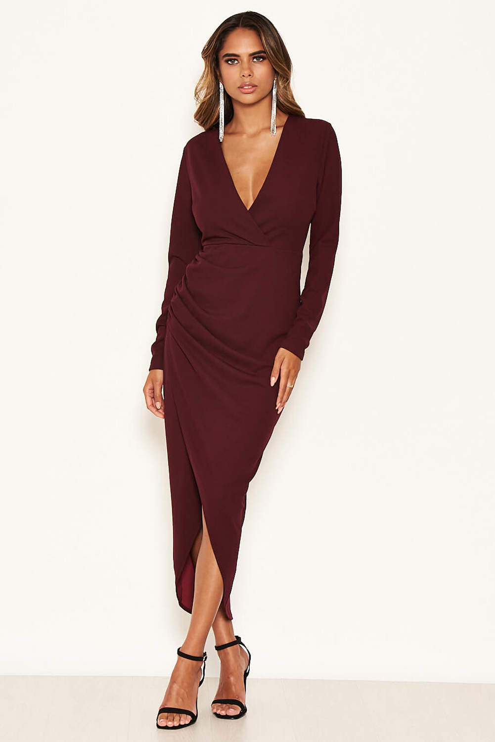 Kikodress - Plum Wrap Bodycon Ruched Dress