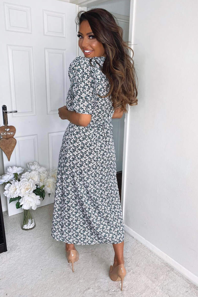 Kikodress - Cream Daisy Print Pleat Sleeve Midi Dress