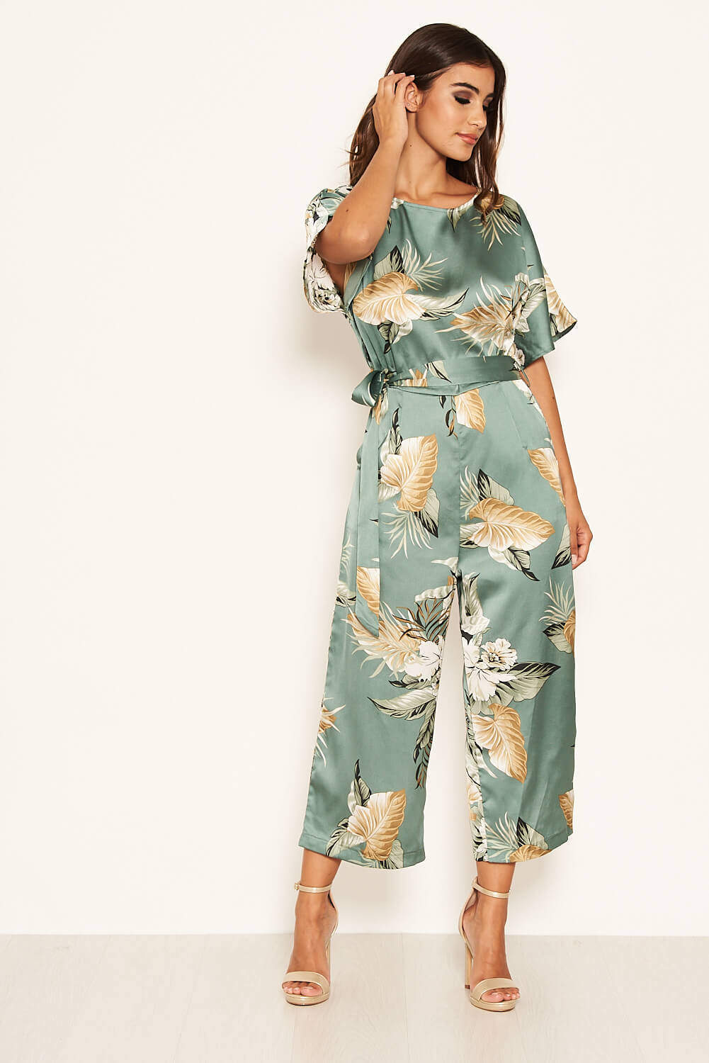 Kikodress - Duck Egg Floral Print Culotte Jumpsuit