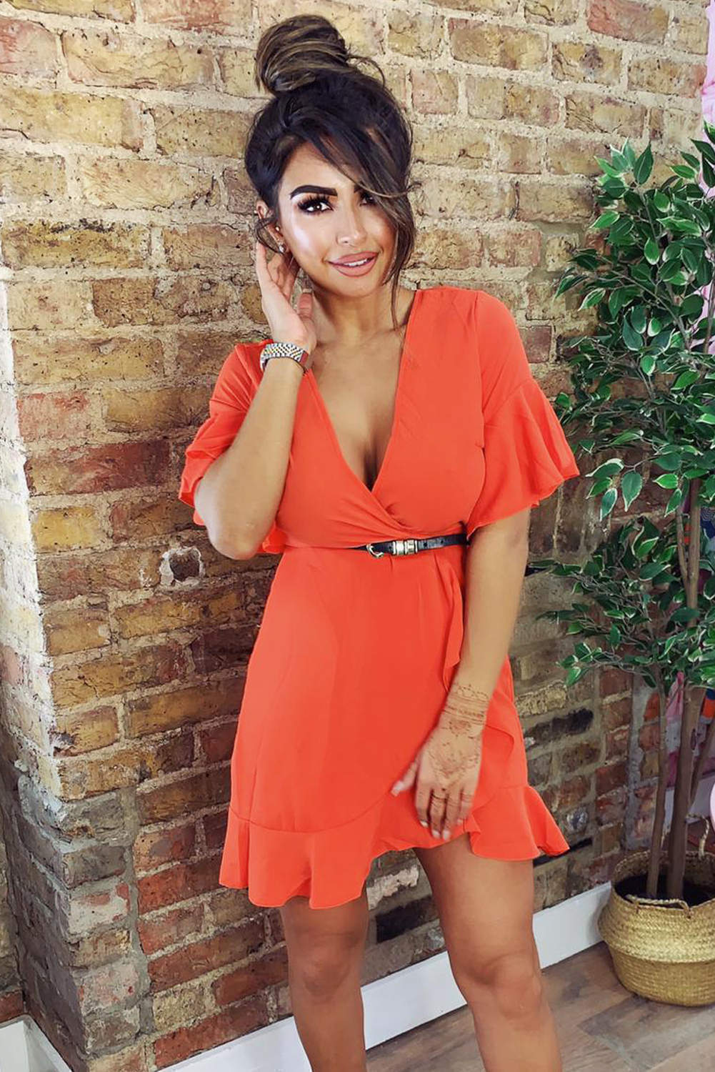 Kikodress - Orange Frill Detail Wrap Dress