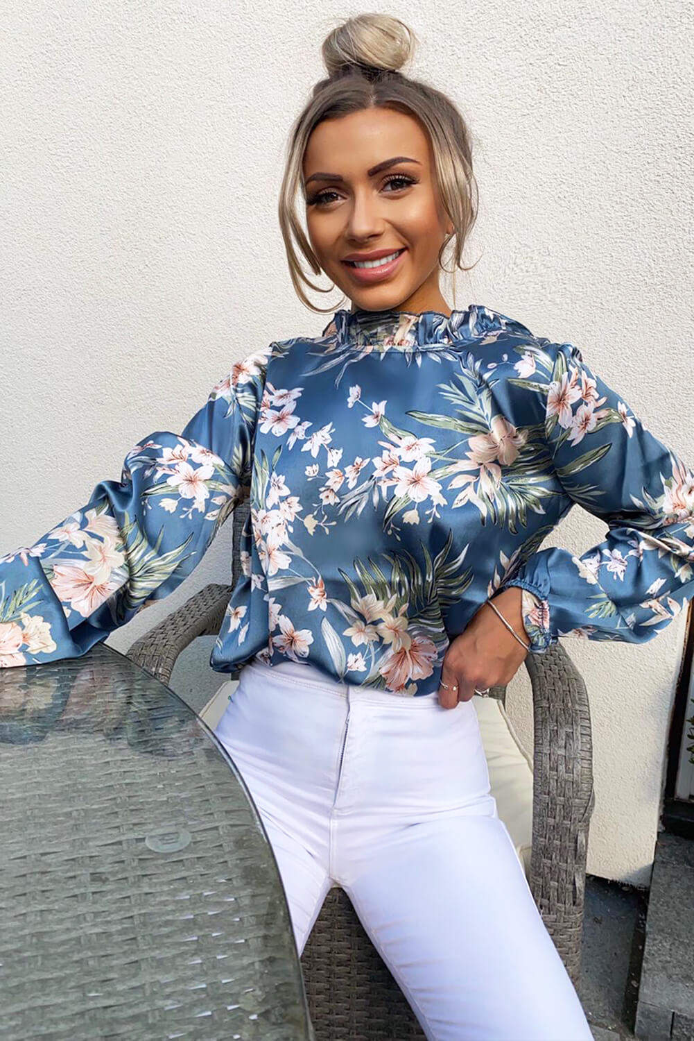 Kikodress - Duck Egg Floral High Neck Top