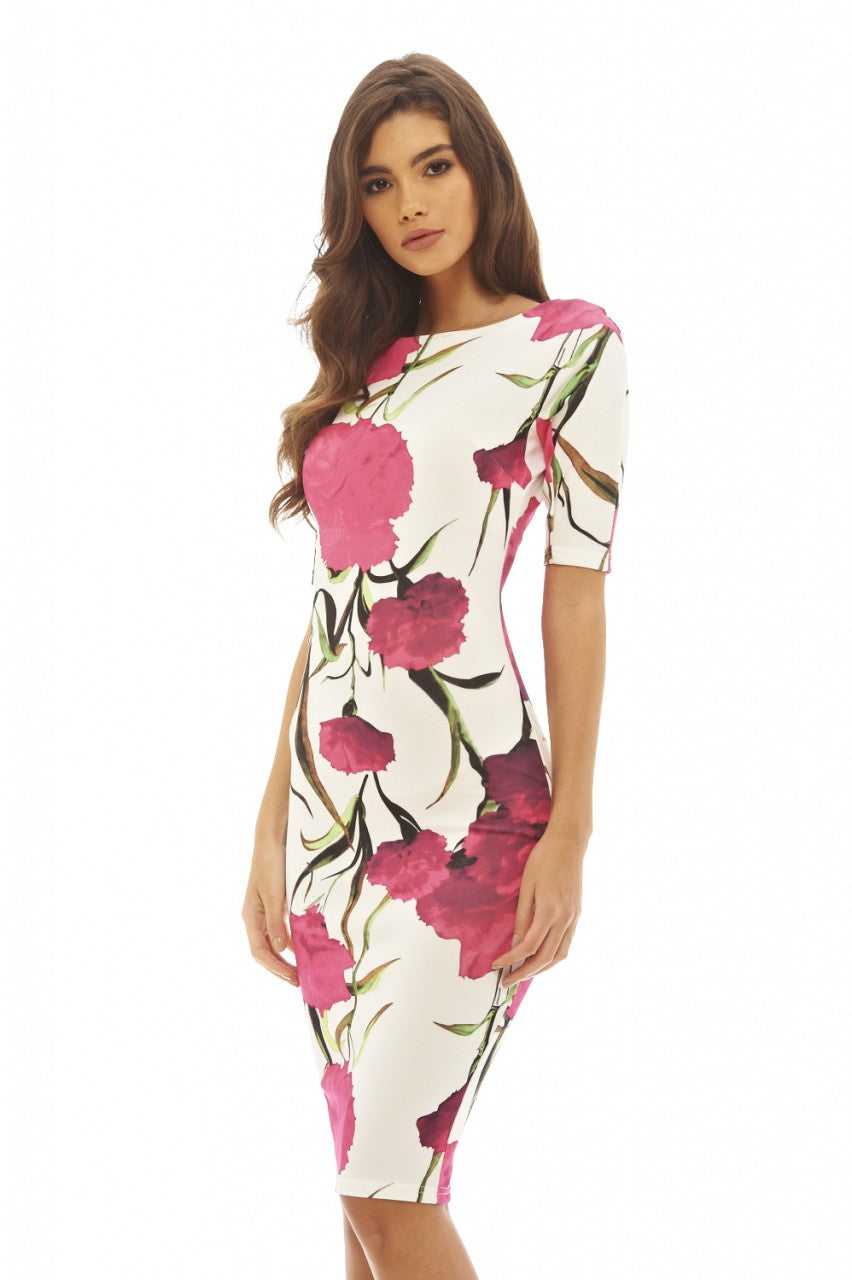 Kikodress - Short Sleeved Floral Midi Dress