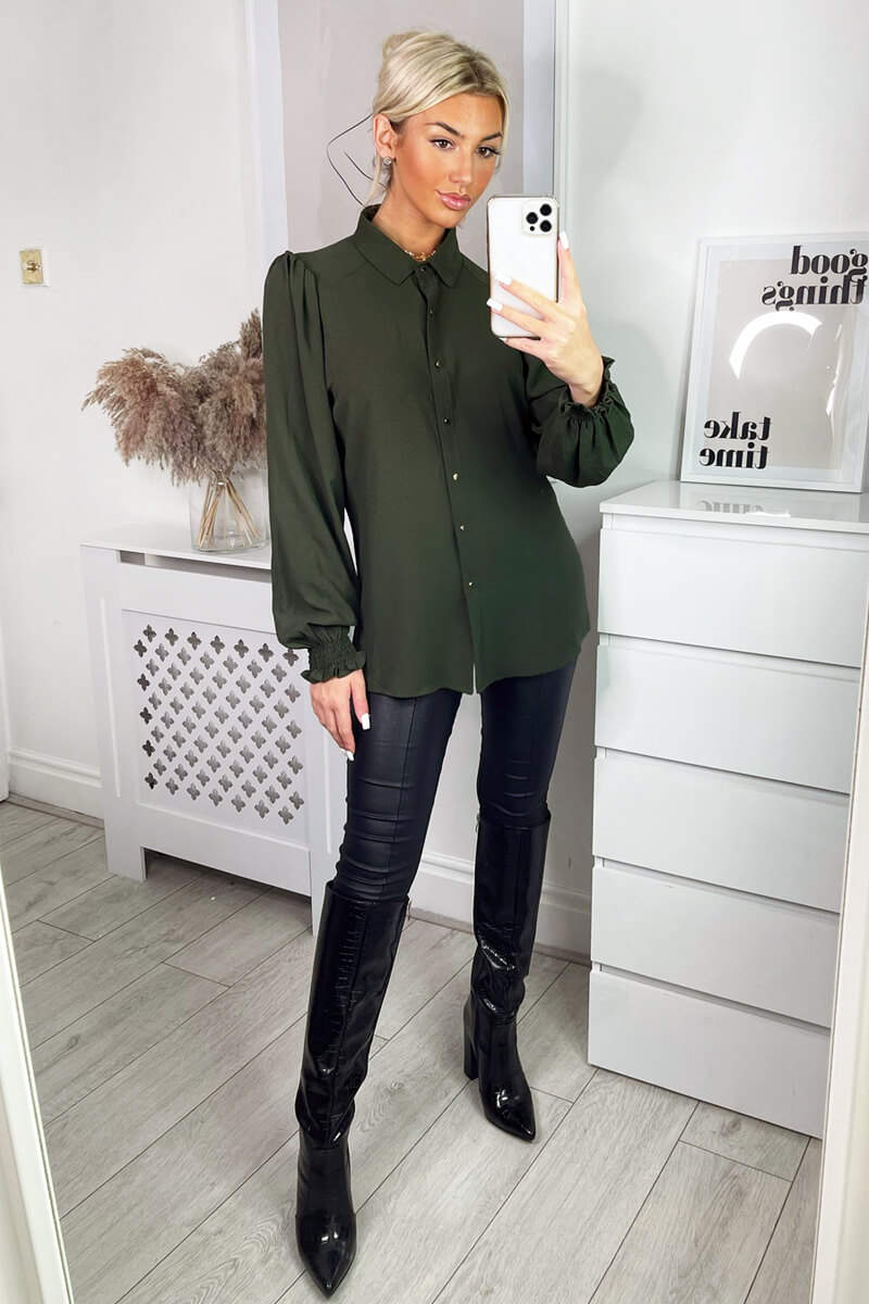 Kikodress - Olive Gold Button Up Elasticated Cuff Shirt