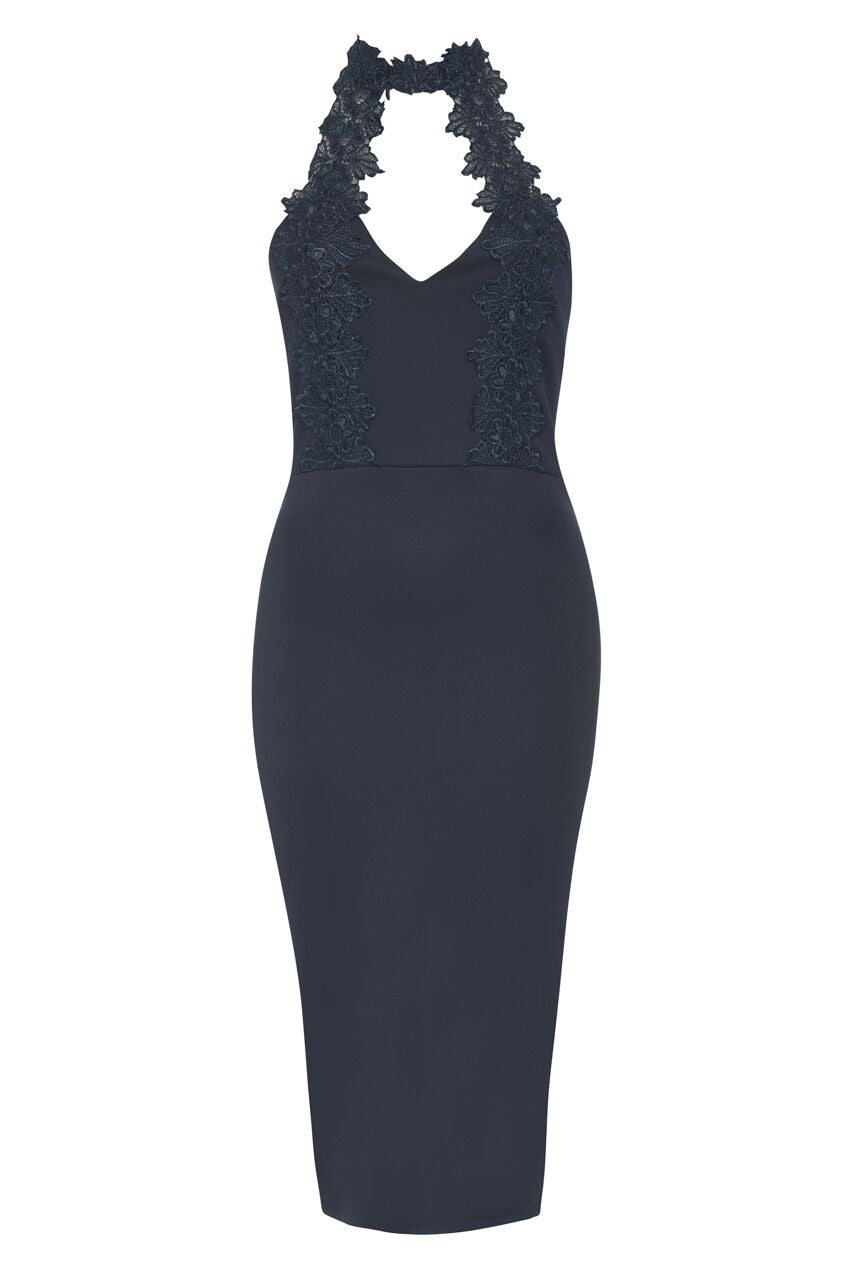 Kikodress - Navy Halterneck Choker Dress With Lace Detail