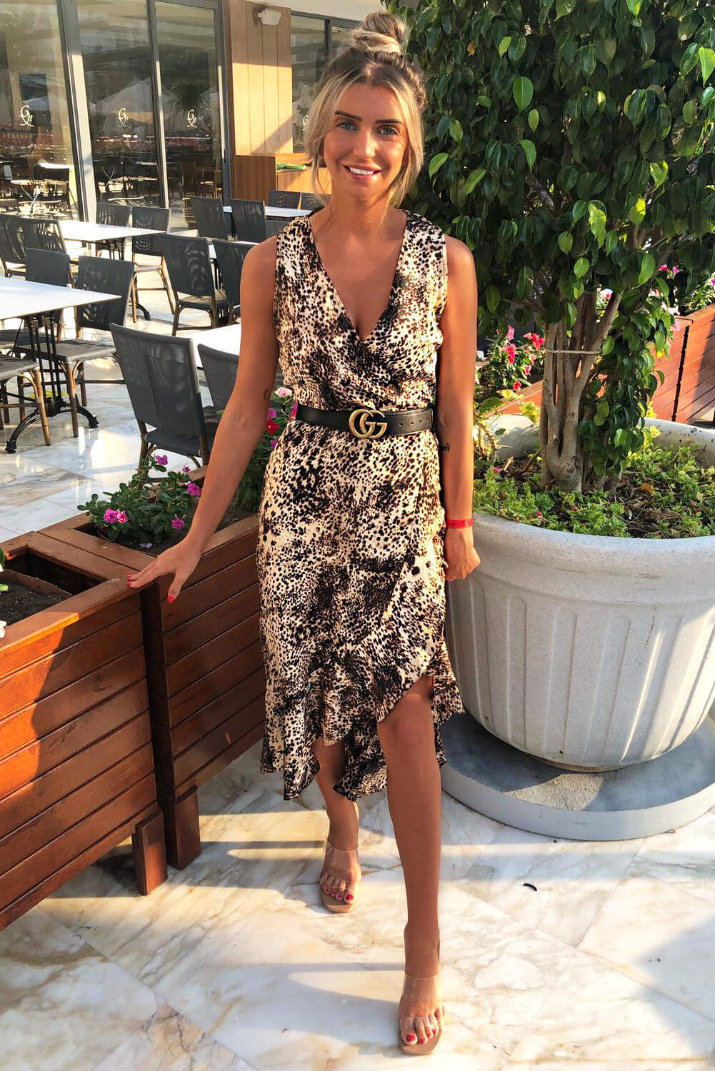 Kikodress - Animal Print Wrap Frill Hem Maxi Dress