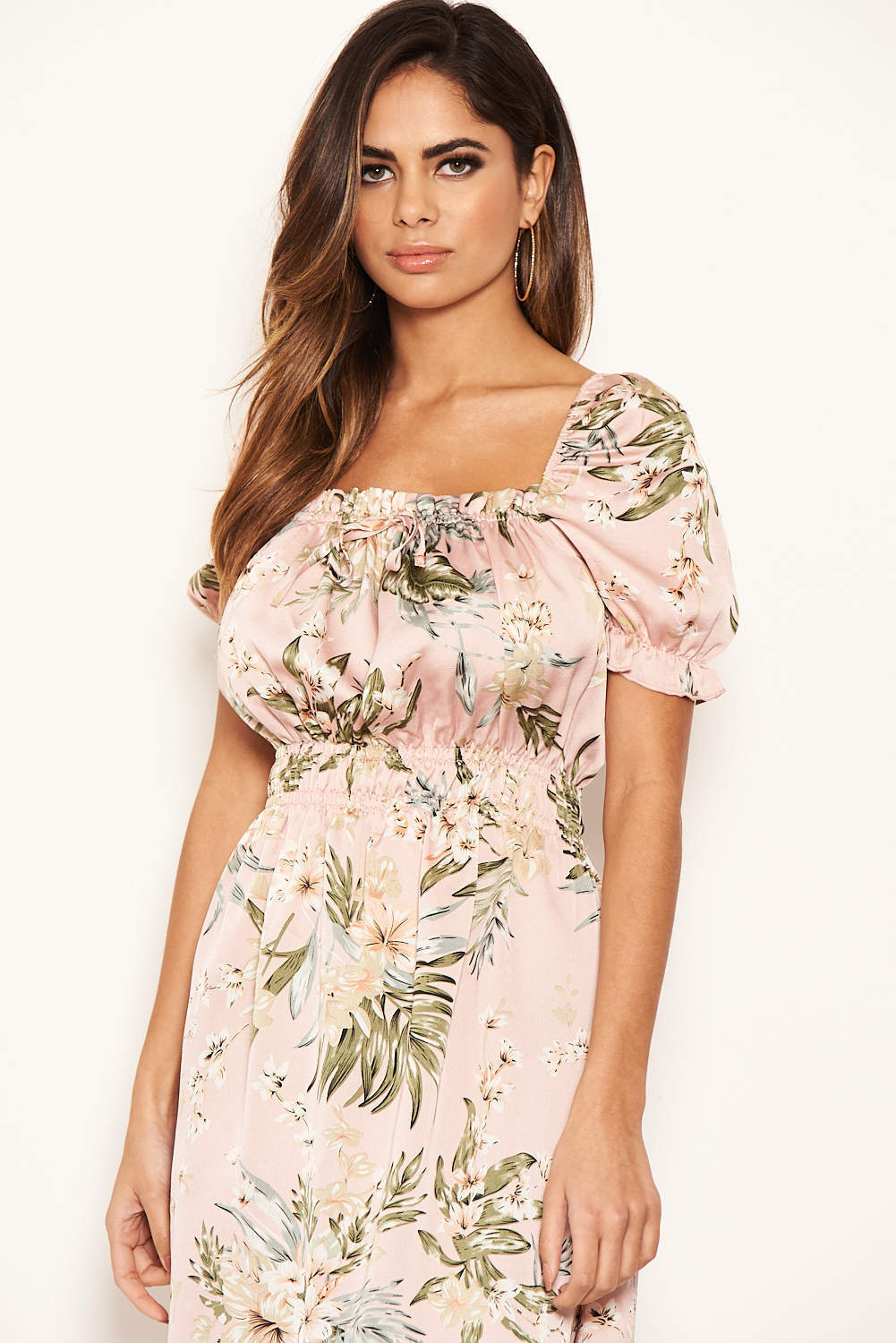 Kikodress - Pink Floral Milkmaid Puff Sleeve Dress