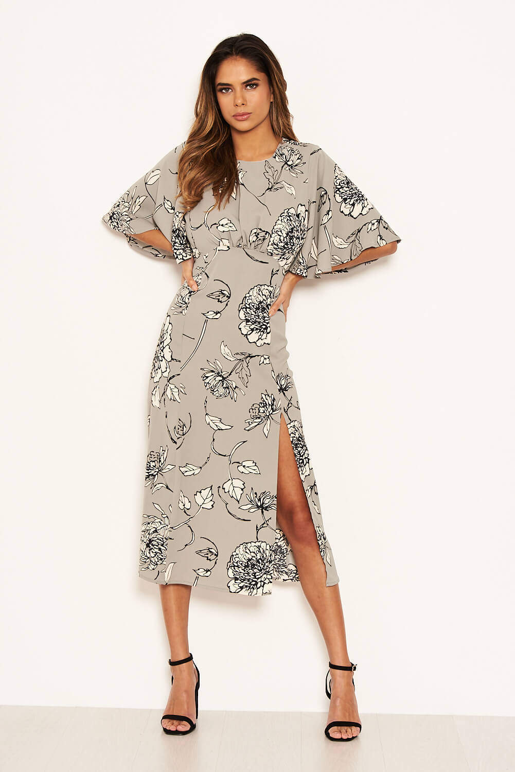 Kikodress - Grey Floral Gathered Split Midi Dress
