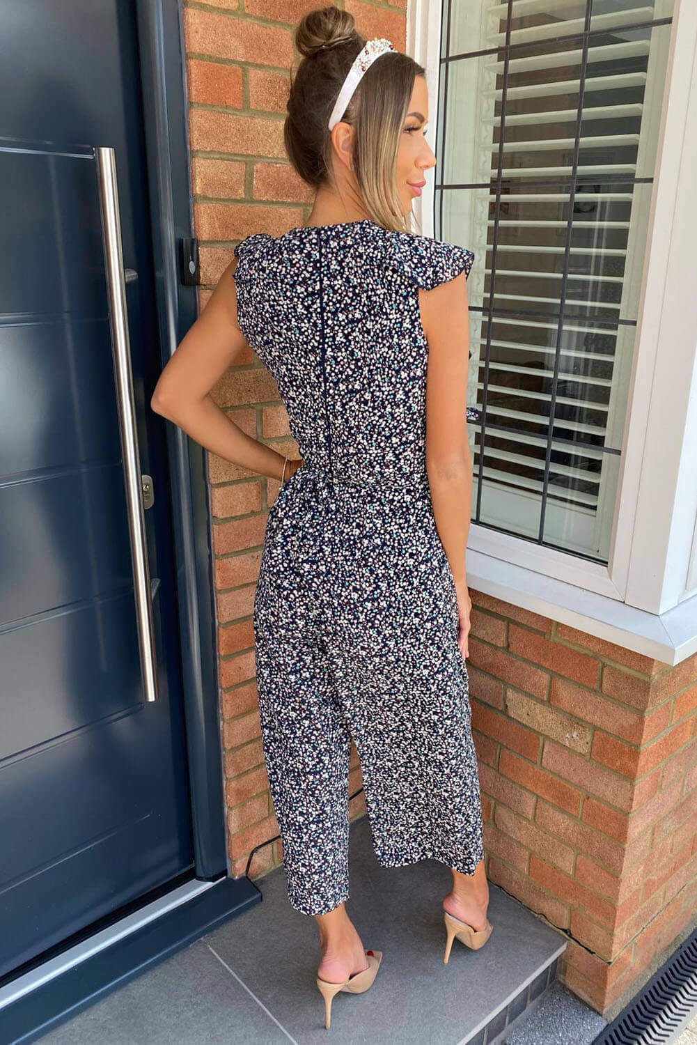 Kikodress - Navy Floral Frill Front Jumpsuit