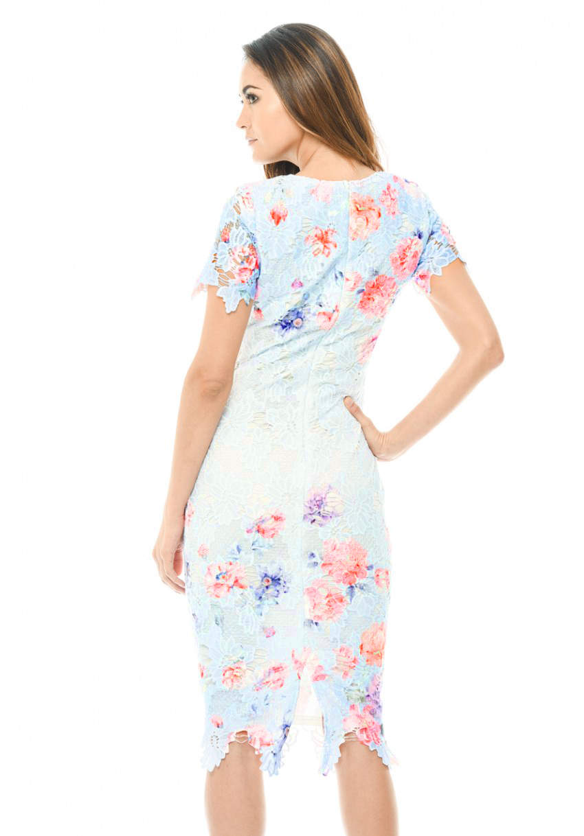 Kikodress - Blue Lace Printed Midi Dress