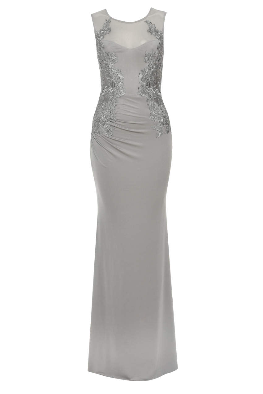 Kikodress - Grey Floor Length Fitted Dress With Lace Detail