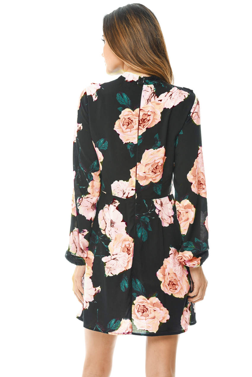 Kikodress - High Neck Black Floral Mini Dress