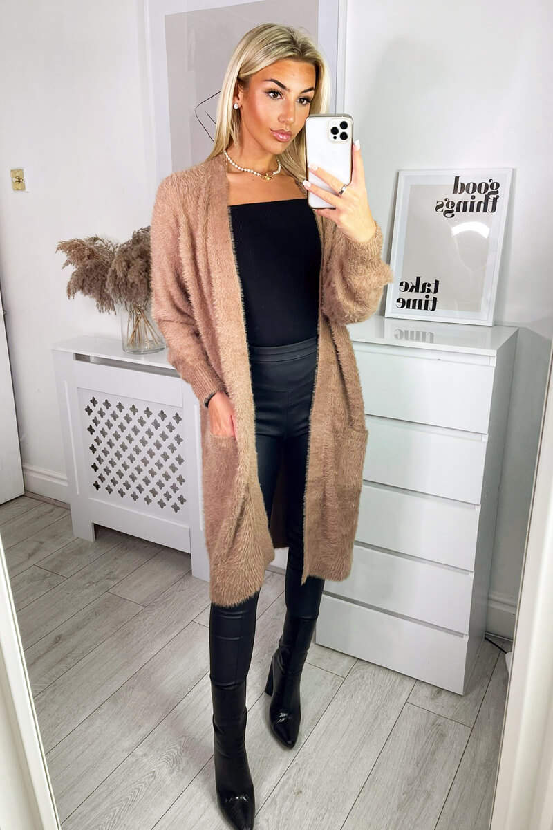 Kikodress - Camel Fluffy Long Cardigan
