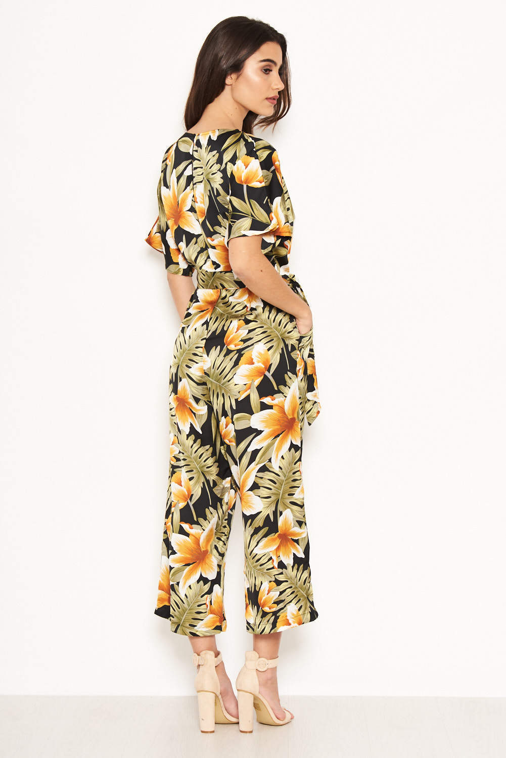 Kikodress - Tropical Print Belted Jumpsuit