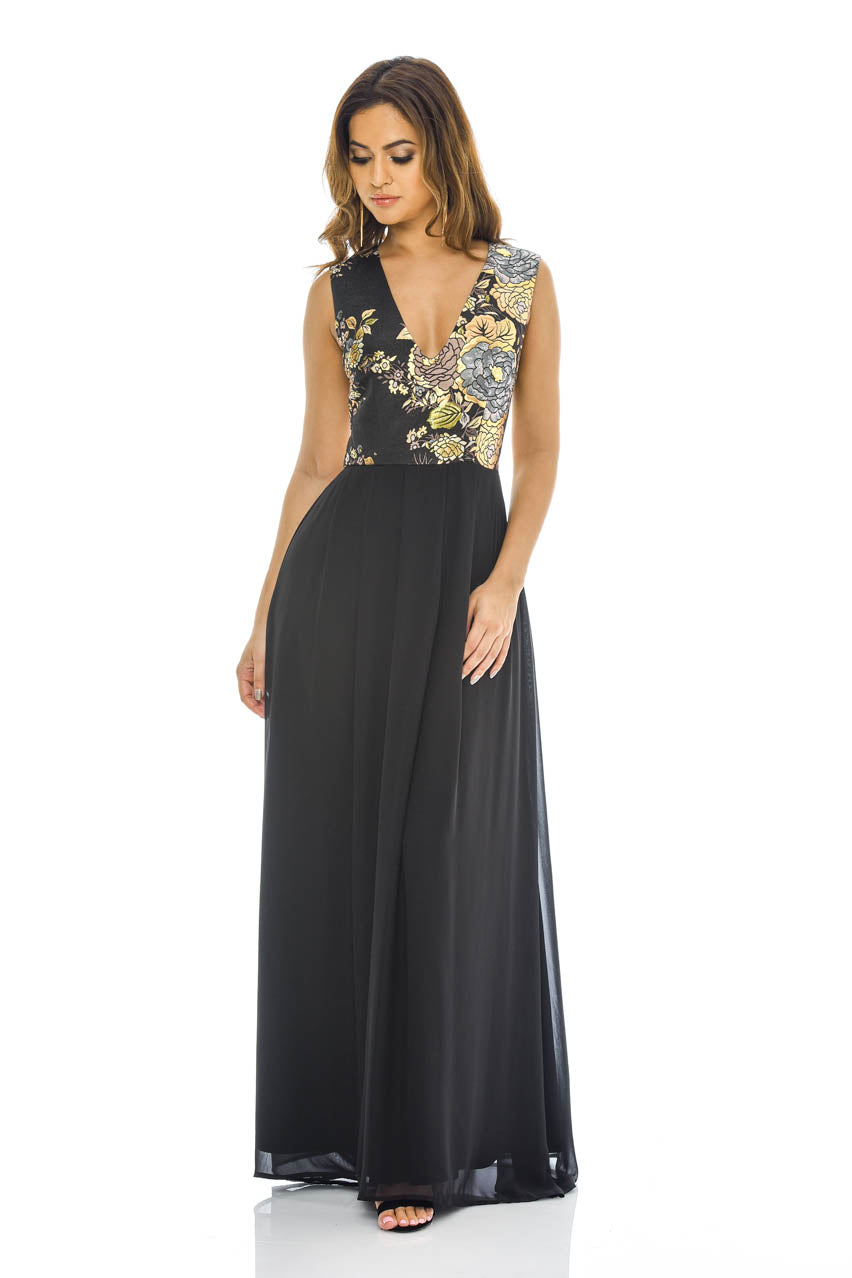 Kikodress - black Floral 2 in 1 V Neck Maxi Dress