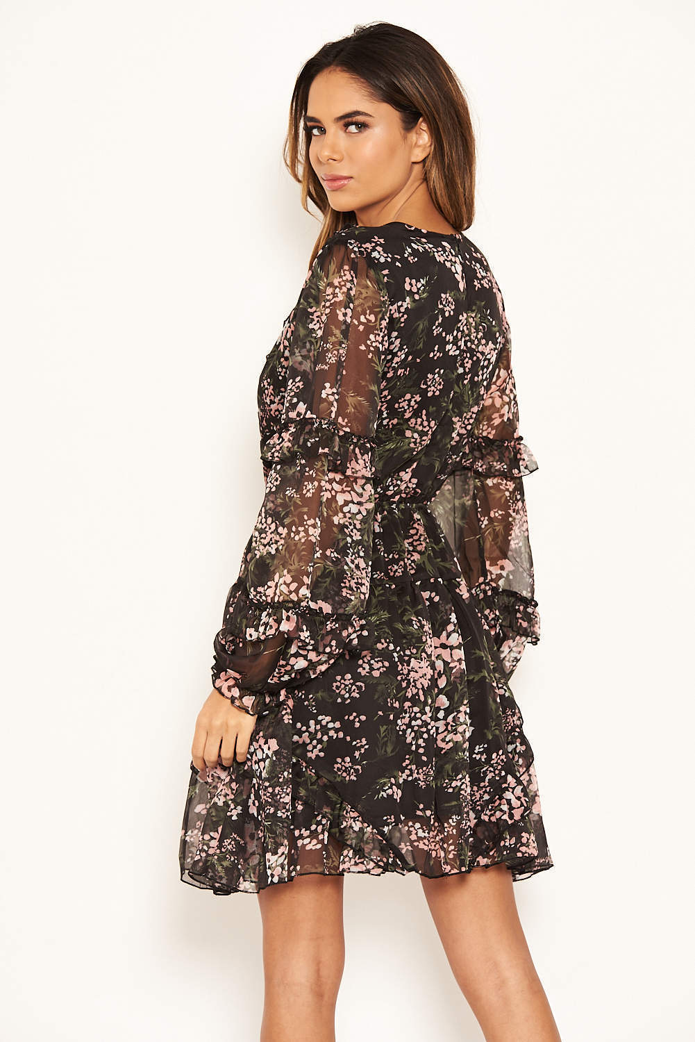 Kikodress - Black Floral Frill Cut Out Dress