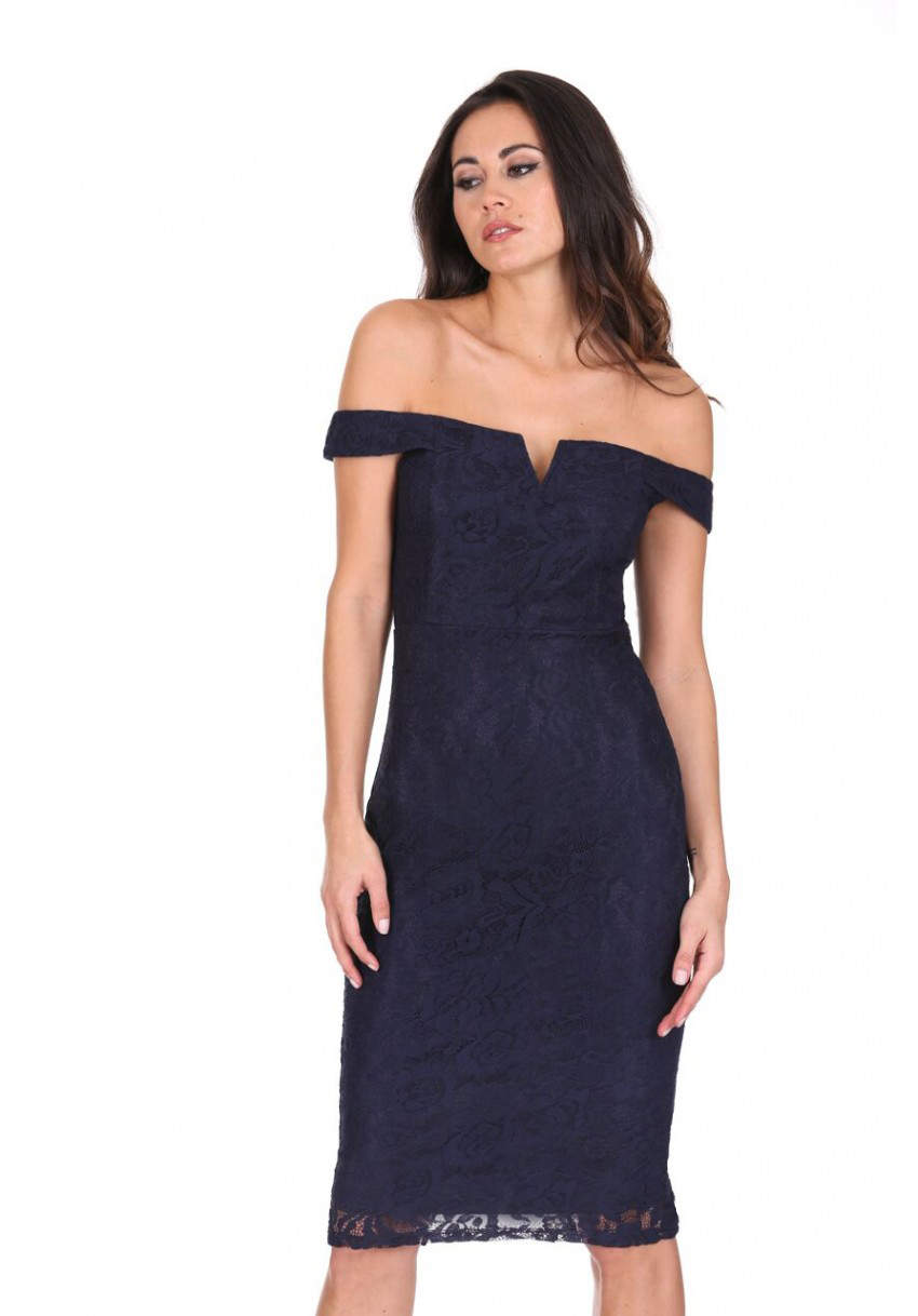 Kikodress - Navy Lace Bardot Midi Dress