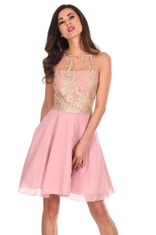 Kikodress - Pink Mesh Gold Embroidered Skater Dress