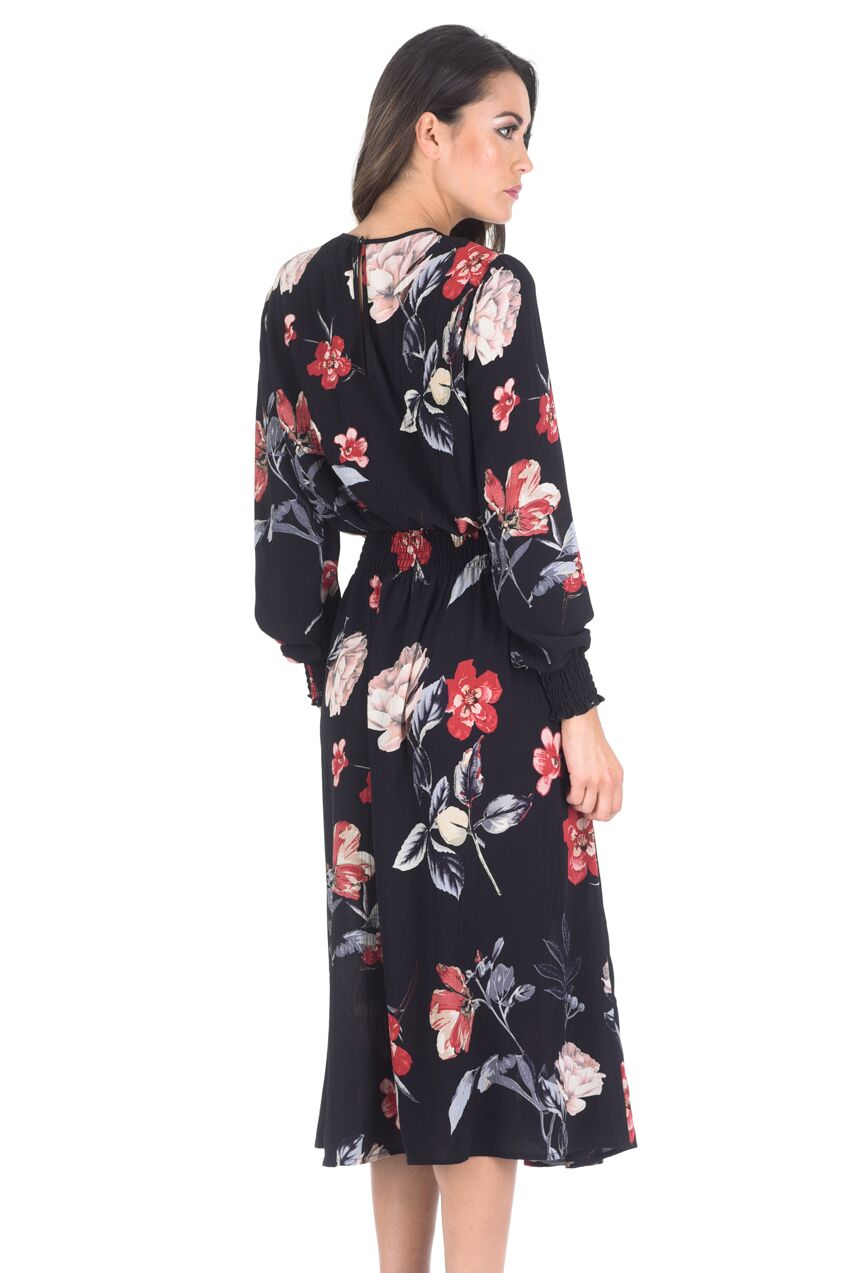 Kikodress - Black Floral Long Sleeve Elastic Waist Midi Dress