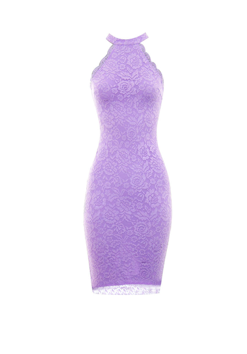 Kikodress - Lilac Halter Neck Lace Midi Dress