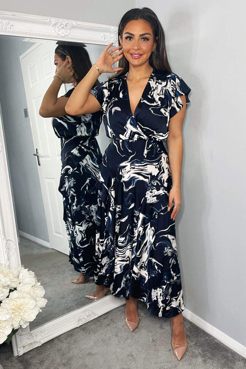 Kikodress - Navy Marble Print Short Sleeve Ruffle Midi Dress