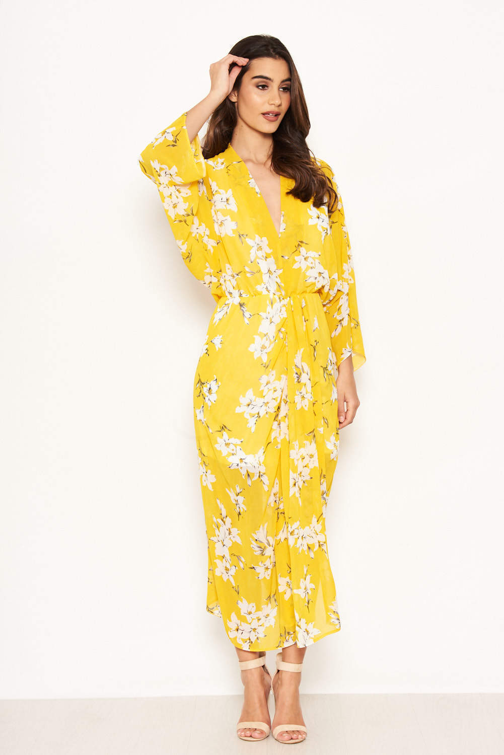 Kikodress - Yellow Floral Kimono Sleeve Maxi Dress