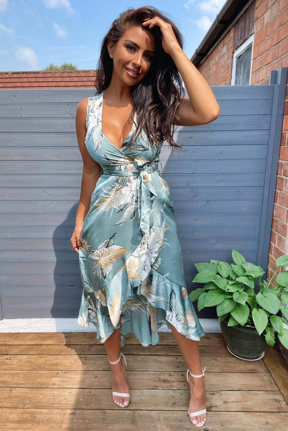 Kikodress - Duck Egg Floral Satin Wrap Frill Dress