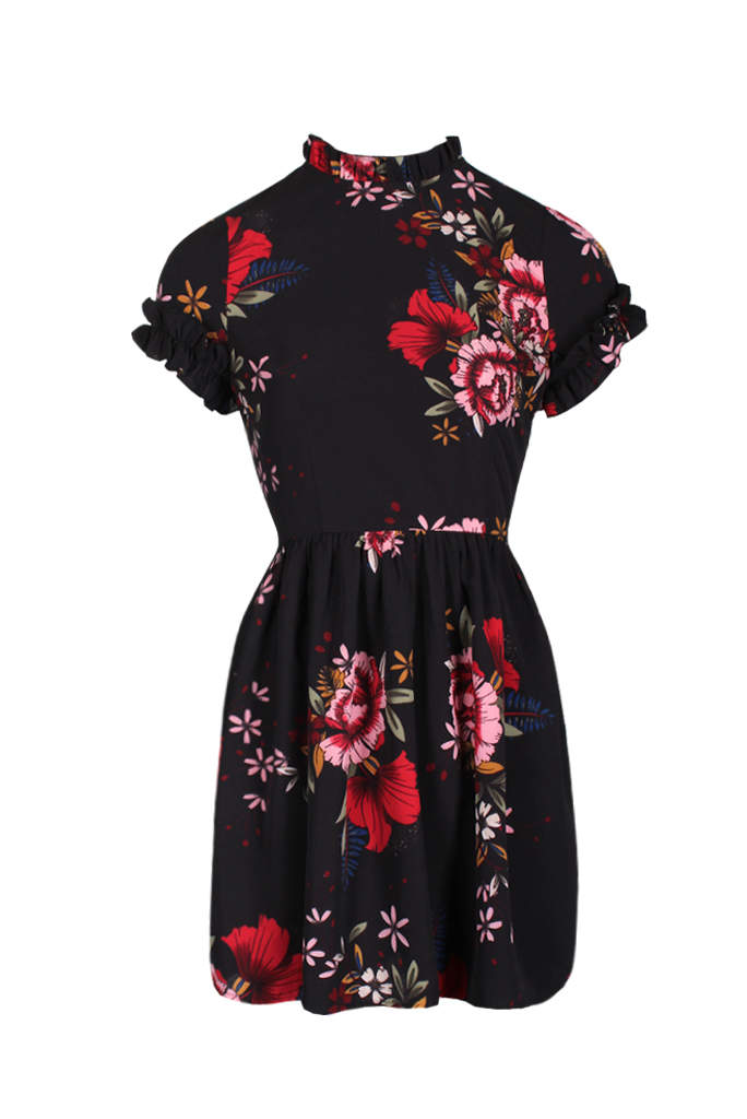 Kikodress - Black Floral Frill Sleeve High Neck Dress