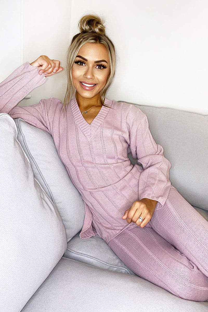 Kikodress - Pink Chunky Knit Tie Waist Lounge Suit