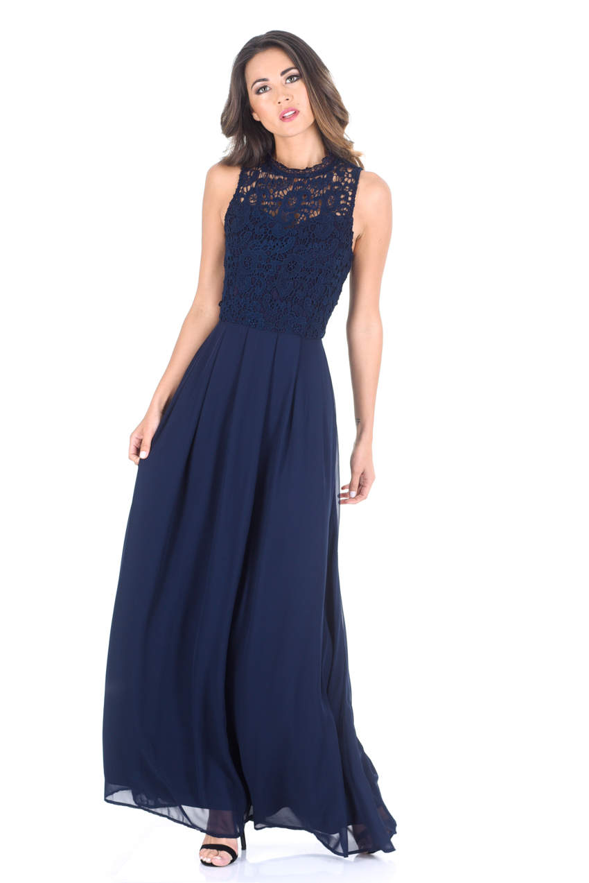 Kikodress - Navy Crochet Top Chiffon Maxi Dress