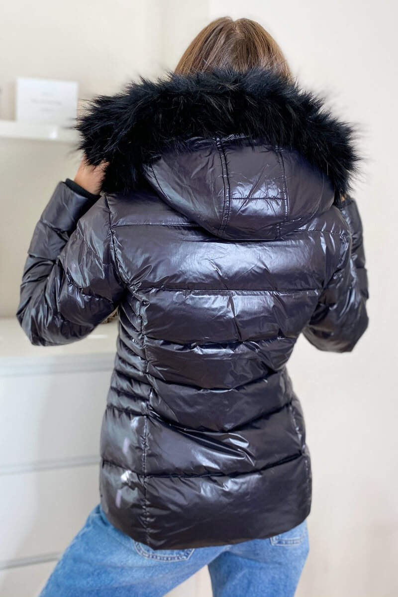 Kikodress - Black Faux Fur Wet Look Coat