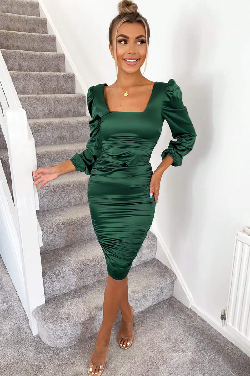 Kikodress - Green Satin Square Neck Ruched Dress