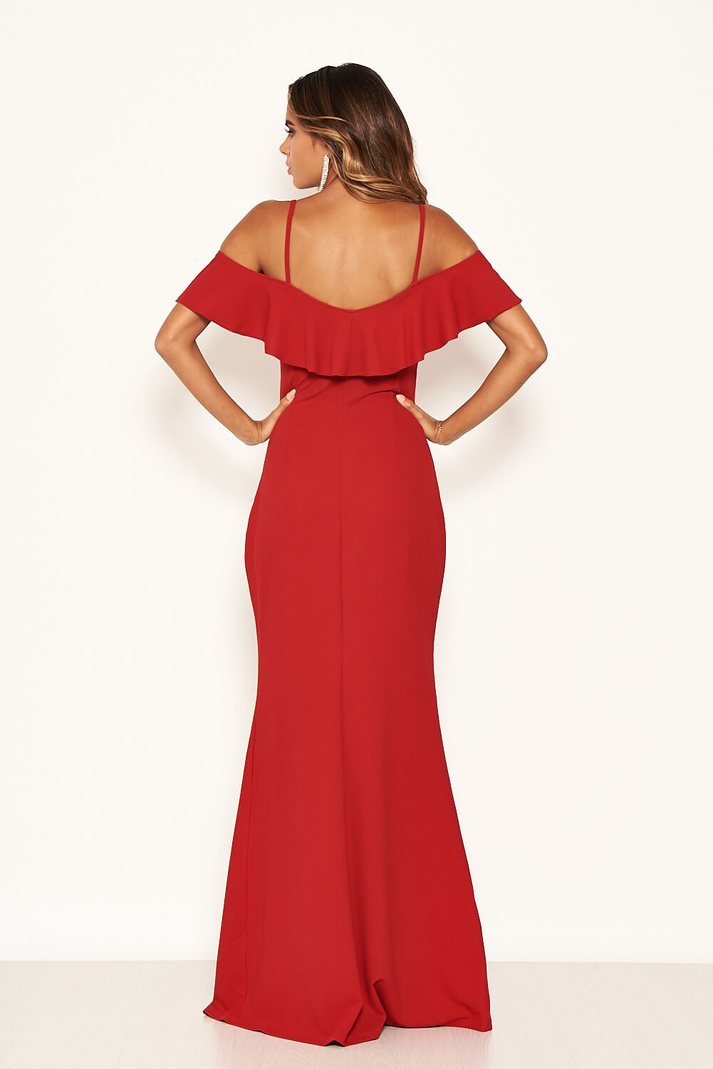 Kikodress - Red Frill Cold Shoulder Maxi Dress