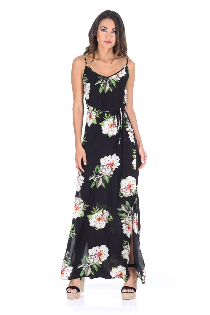 Kikodress - Black Floral Print Split Maxi Dress