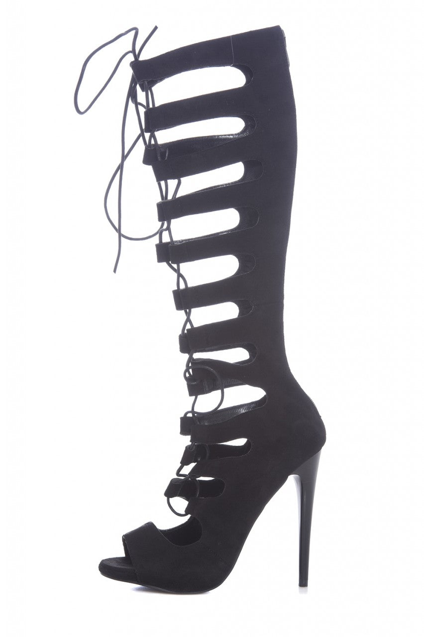 Kikodress - Suede Knee High Lace Up Gladiator Heels
