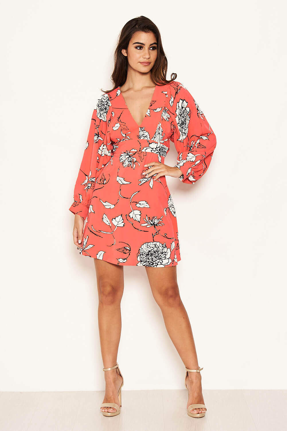 Kikodress - Coral Floral Wide Sleeve Dress