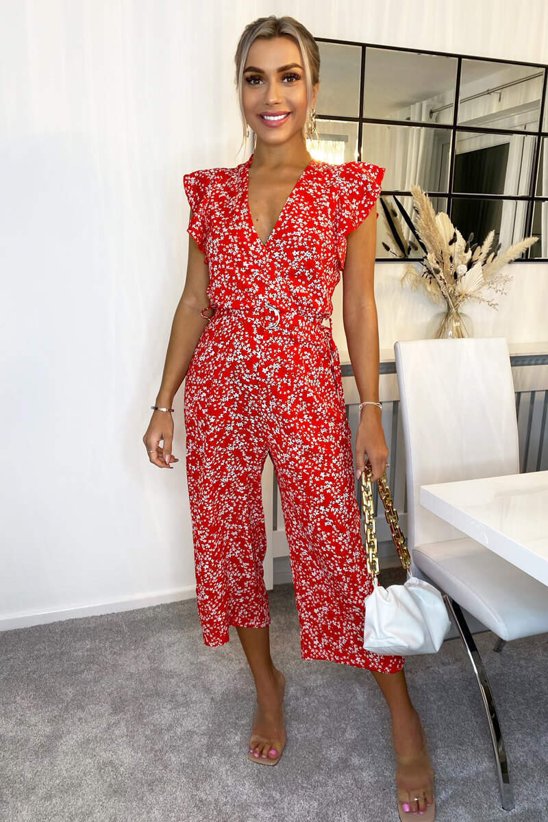 Kikodress - Red Floral Print Wrap Front Belted Jumpsuit